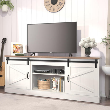 Kurapika Farmhouse TV Stand and Entertainment Center for TV Up to 75 Inch, with Sliding Barn Doors and Adjustable Shelf, Console Table and Media Furniture with Storage Cabinet, 67 Inch, White - WoodArtSupply