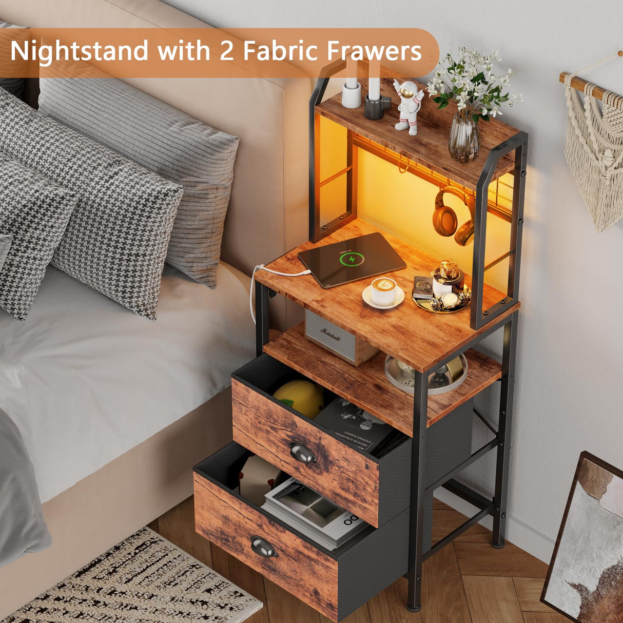 Furologee Tall Nightstand with Charging Station & LED Lights, 41'' Bedside Table with 2 Drawers & Pegboard, White Night Stand with Hooks & Folders, End Table with Shelves for Bedroom/Living Room Furologee