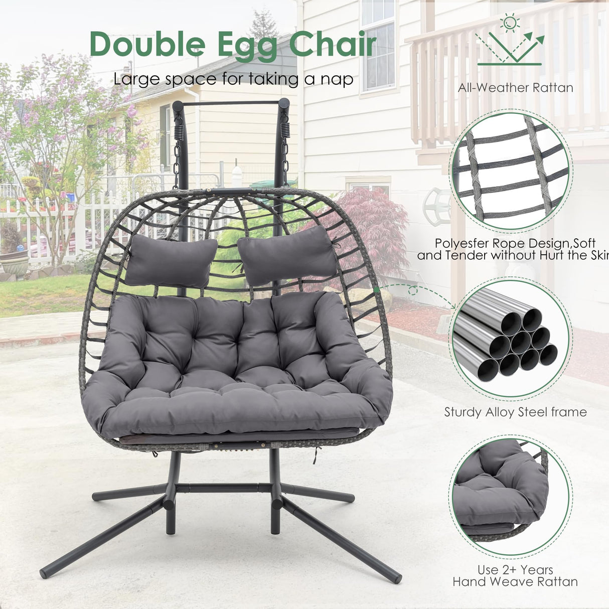 Double Egg Swing Chair with Stand for Outdoor, Patio Hand Made Rattan Wicker 2 Double Hanging Egg Chairs Hammock Chair with UV Resistant Cushion and Metal Frame, Porch Swing Loveseat for Backyard XIAO WEI