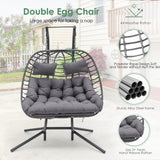 Double Egg Swing Chair with Stand for Outdoor, Patio Hand Made Rattan Wicker 2 Double Hanging Egg Chairs Hammock Chair with UV Resistant Cushion and Metal Frame, Porch Swing Loveseat for Backyard XIAO WEI