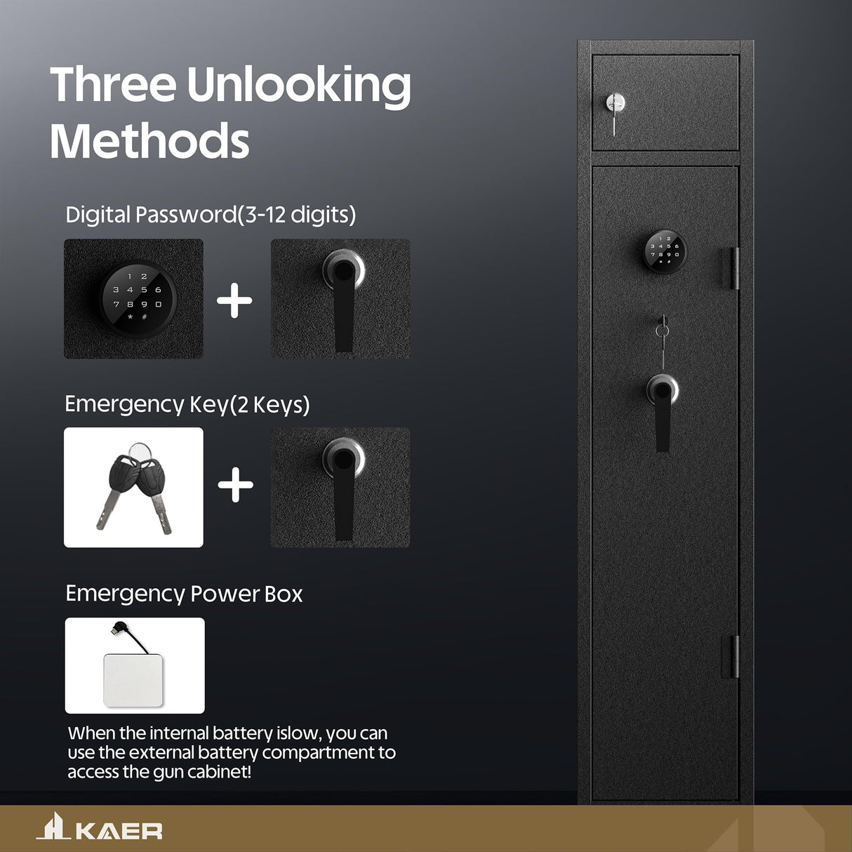 KAER 5 Gun Safe, Quick Access Gun Safe for Rifles and Pistols, Home Gun Rifle Safe with Separate Lock Box, Heavy Duty Large Gun Locker Cabinet with Hooks and Gun Rack for Shotguns, Assembled KAER