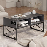 Glass Coffee Table with Storage, Grey Mid Century Modern Coffee Table for Living Room, Smart Led Light Wood Coffee Table HWB