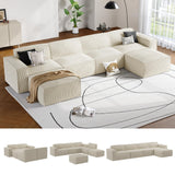 AMADA 142" Sectional Couch with L-Shape Chaise,Corduroy Cloud Couches with Deep Seats &High-Back,Upholstered Couches for Living Room Bedroom with Ottoman,No Assembly Required（4-seater&2 Ottoman，Beige） AMADA HOMEFURNISHING