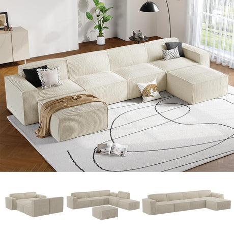 AMADA 142" Sectional Couch with L-Shape Chaise,Corduroy Cloud Couches with Deep Seats &High-Back,Upholstered Couches for Living Room Bedroom with Ottoman,No Assembly Required（4-seater&2 Ottoman，Beige） AMADA HOMEFURNISHING