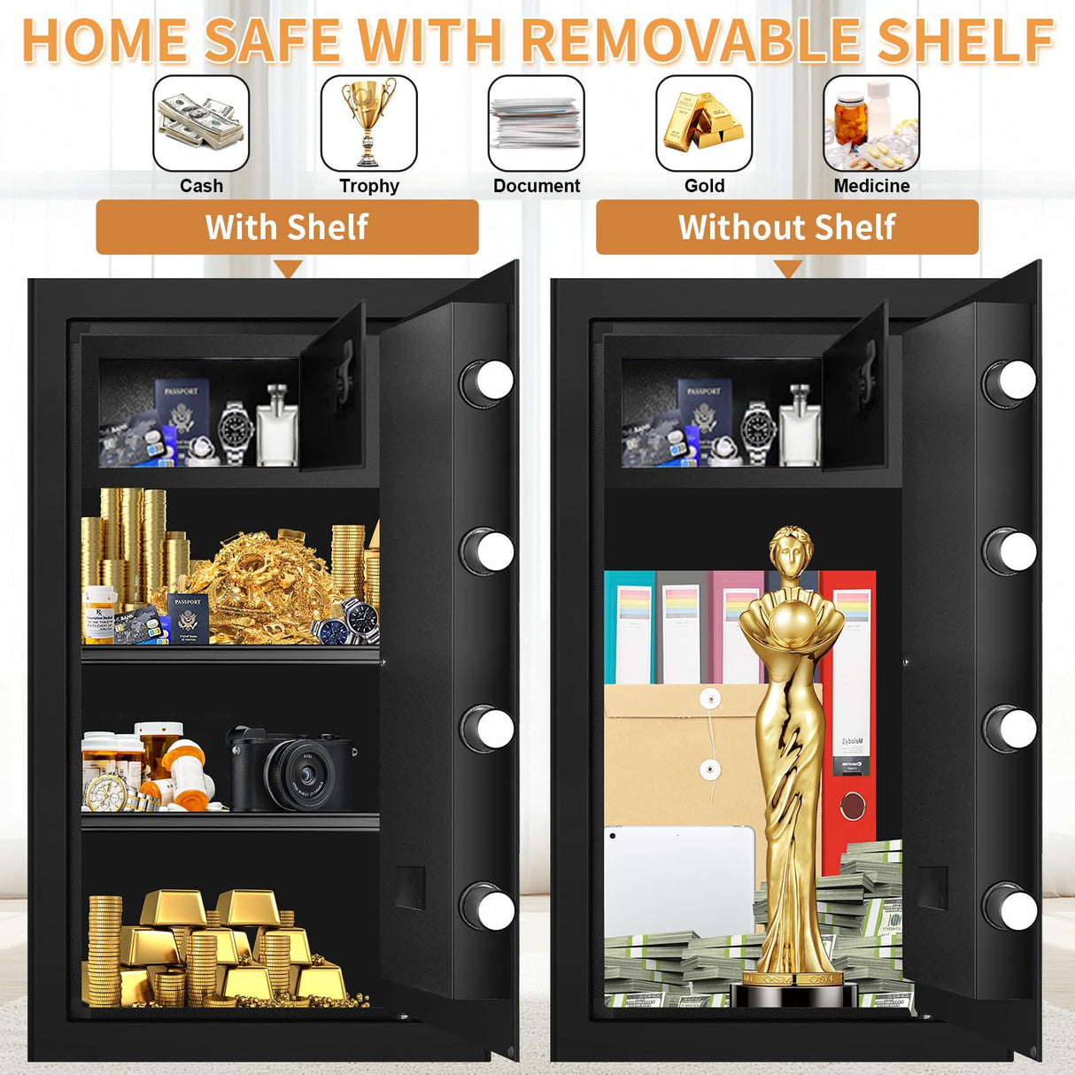 6.0 Cub Large Home Safes Fireproof Wterproof, Anti-theft Fireproof Safe with Programmable Keypad, Spare Keys and Alarm Systerm, Digital Home Security Safe Box for Document Money Medicines Homirxan