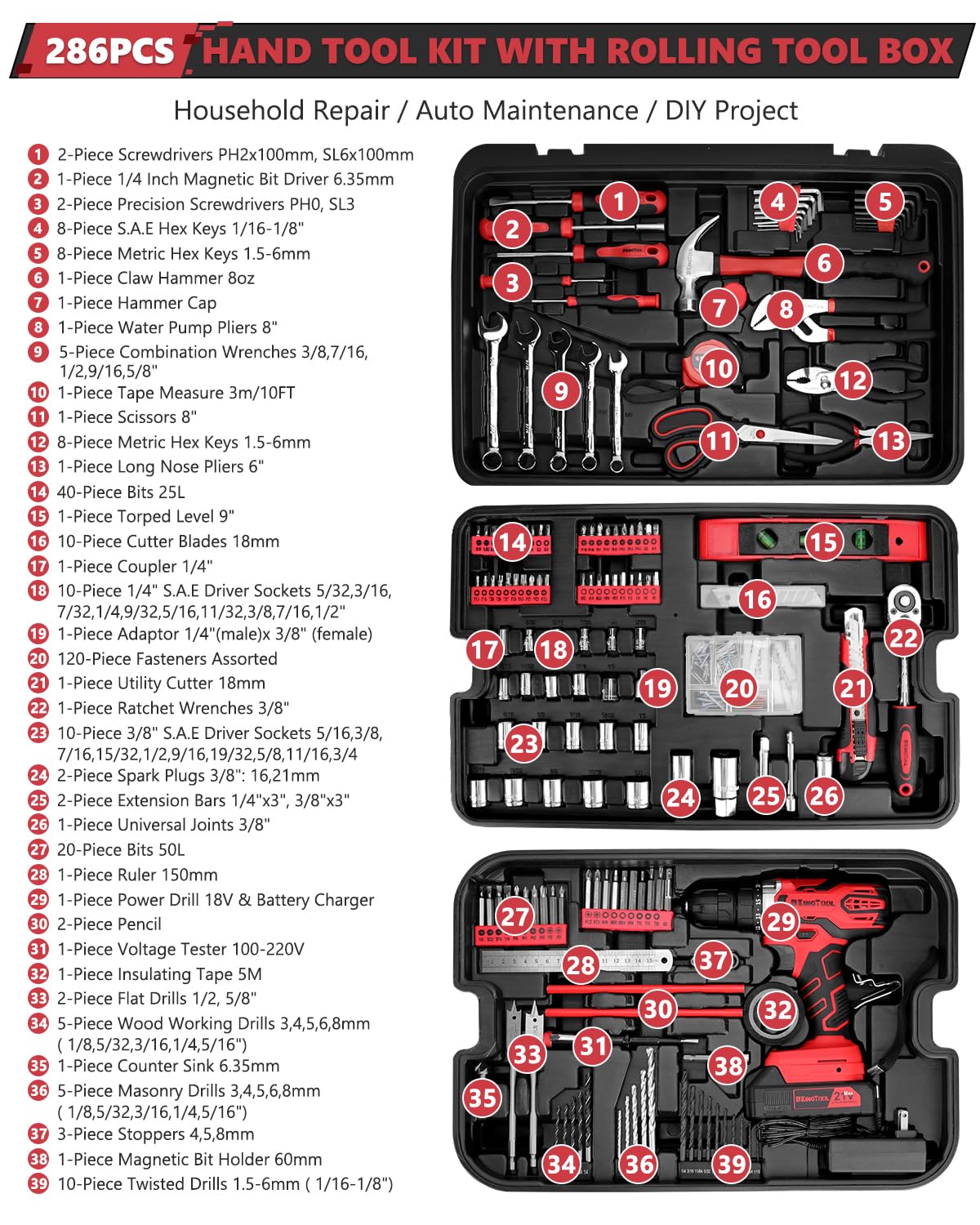 KingTool Home Tool Set Kit - 286 PCS Home Auto Repair Tool Kit with Rolling Tool Box, Mechanic Tool Sets with 21V Max Cordless Power drill, Perfect for Homeowner, Diyer, Handyman KINGTOOL