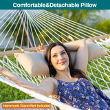 JoyView Traditional Rope Double Hammock - Hand Woven Cotton Hammock with Hardwood Spreader Bar and Pillow 450lb Capacity for Outdoor Indoor Patio Yard - Brown JoyView