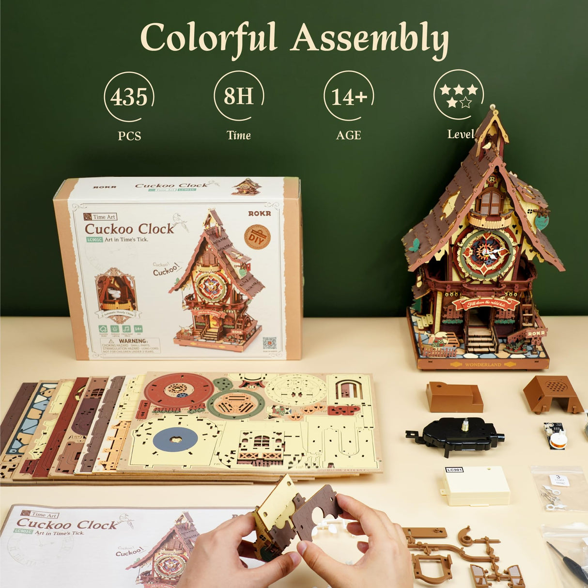 ROKR 3D Wooden Puzzles for Adults, Cuckoo Clock Model Kit, Room Home Decor DIY Watch Making Kit Functional Mechanical Building Toys, Hobbies Birthday Christmas Day Gifts for Men Women Kids 14+ ROKR