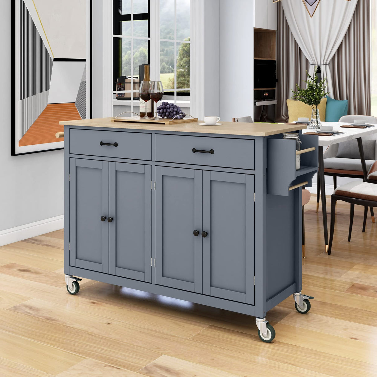 Merax Rolling Mobile Kitchen Island Cart with Wood Top and Locking Wheels, 4 Door Cabinets and 2 Drawers, Spice & Towel Rack, 54.3 Inch Width, Grey Blue Merax