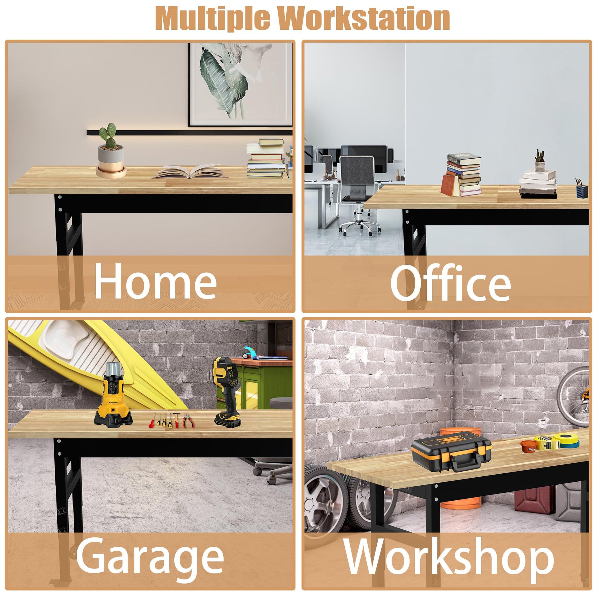 72" Adjustable Workbench，Multifunctional Rolling Heavy Duty Workbench with Wheels，Suitable for Large Capacity Rubberwood Countertop Workbench for Garage, Office, Workshop - WoodArtSupply