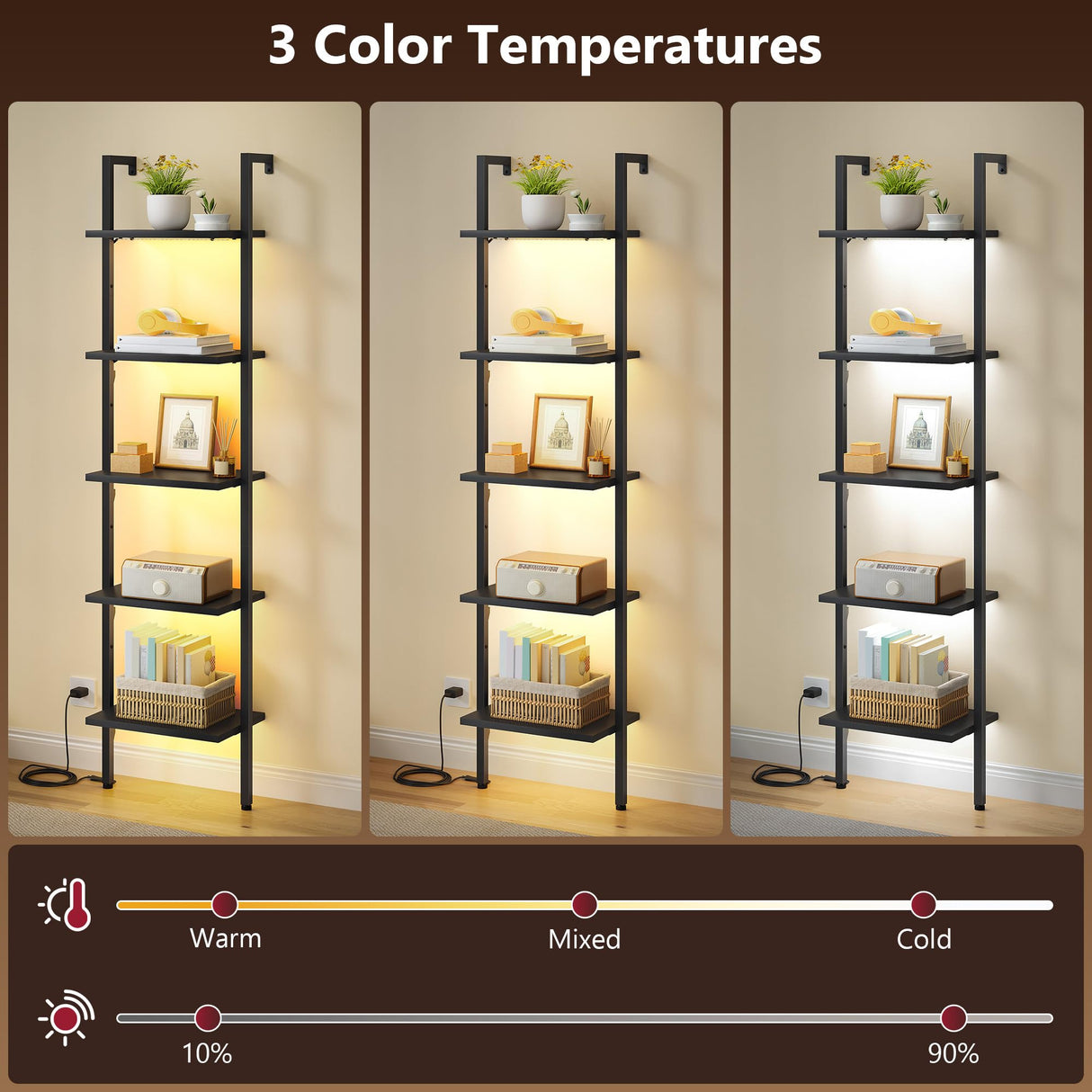 Tajsoon 5 Tier Ladder Shelf with Light, Wooden Wall Mounted Book Shelf, Ladder Bookshelf with Metal Frame, Wall Mounted Ladder Bookshelf for Office, Living Room, Bedroom, Black Tajsoon