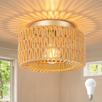 SineRise Rattan Ceiling Light Fixtures (12-Inch, LED Bulb Included), Hand-Woven Boho Flush Mount Ceiling Light, Rattan Chandelier for Hallway Kitchen Farmhouse Foyer Entryway Living Room(Gold - WoodArtSupply