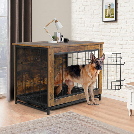 TLSUNNY Dog Crate Furniture, 44.1" Wooden Dog Crate Table, Indoor Dog Kennel with 2 Doors, Modern Dog Cage w/Pull-Out Removable Tray, Large/Medium/Small Dog House Furniture End Table, (Rustic) TLSUNNY