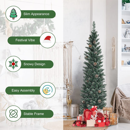 Goplus 5ft Artificial Pencil Christmas Tree, Snow Flocked Slim Xmas Tree W/ 25 Pine Cones, Folding Metal Stand, 214 PVC Branch Tips, Snowy Pine Tree for Home Office Indoor Décor