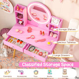 Costzon Kids Vanity, Girls Vanity Set with Mirror and Stool and Lights, Drawers, Storage Shelves, Wooden Toddler Makeup Vanity Desk Dressing Table, Pretend Play Kids Vanity Table and Chair Set (Pink) Costzon