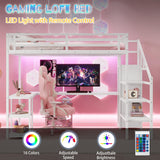 Queen Size Loft Bed with Desk,Metal Heavy Duty Queen Loft Beds with Stairs,Wardrobe and Shelves, High Gaming LoftBed with LED Light and USB Charging Station for Adults,Teens, White Mirightone