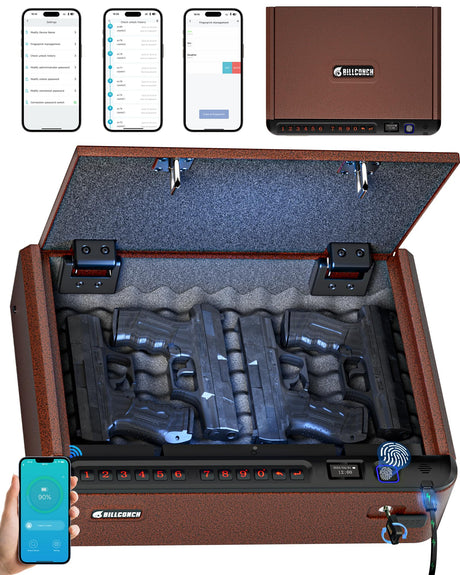 BILLCONCH Smart Gun Safe with Security Cable - Biometric Gun Safe for Handgun 4 Ways Quick Access with Fingerprint/Keypad/Key/APP Lock for Bedside Home Car with LCD/Voice Guide - Brown BILLCONCH
