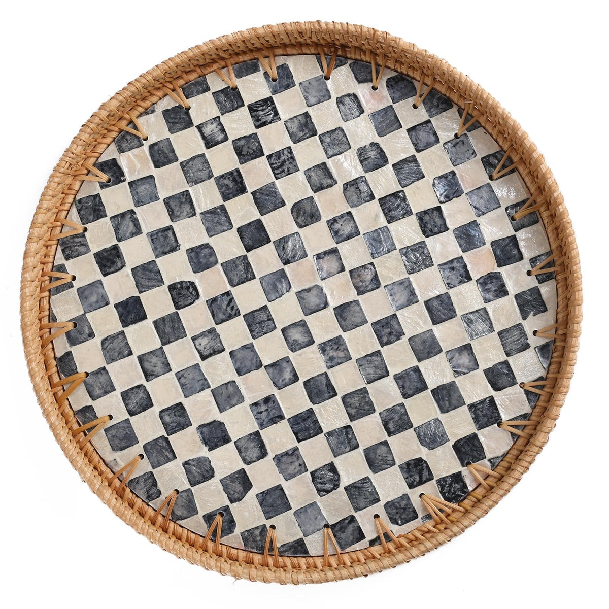 Tynulox Round Rattan Tray with Mother of Pearl Inlay, Rattan Serving Tray for Coffee, Bread, Fruits, Decorative Wicker Tray for Table Decor, Home Decor, Kitchen Island Decor(Round Checkerboard, 11.8") Tynulox