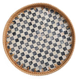 Tynulox Round Rattan Tray with Mother of Pearl Inlay, Rattan Serving Tray for Coffee, Bread, Fruits, Decorative Wicker Tray for Table Decor, Home Decor, Kitchen Island Decor(Round Checkerboard, 11.8") Tynulox