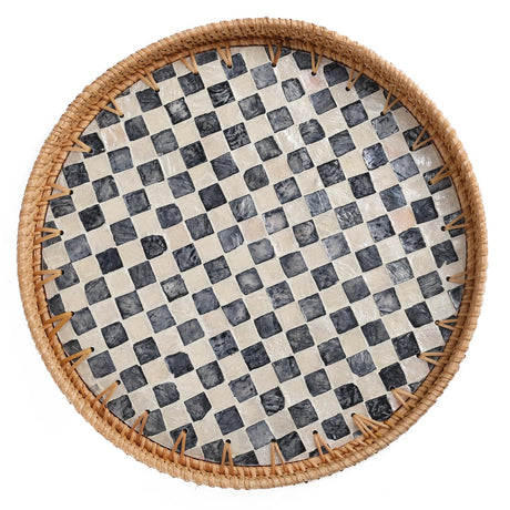 Tynulox Round Rattan Tray with Mother of Pearl Inlay, Rattan Serving Tray for Coffee, Bread, Fruits, Decorative Wicker Tray for Table Decor, Home Decor, Kitchen Island Decor(Round Checkerboard, 11.8") Tynulox