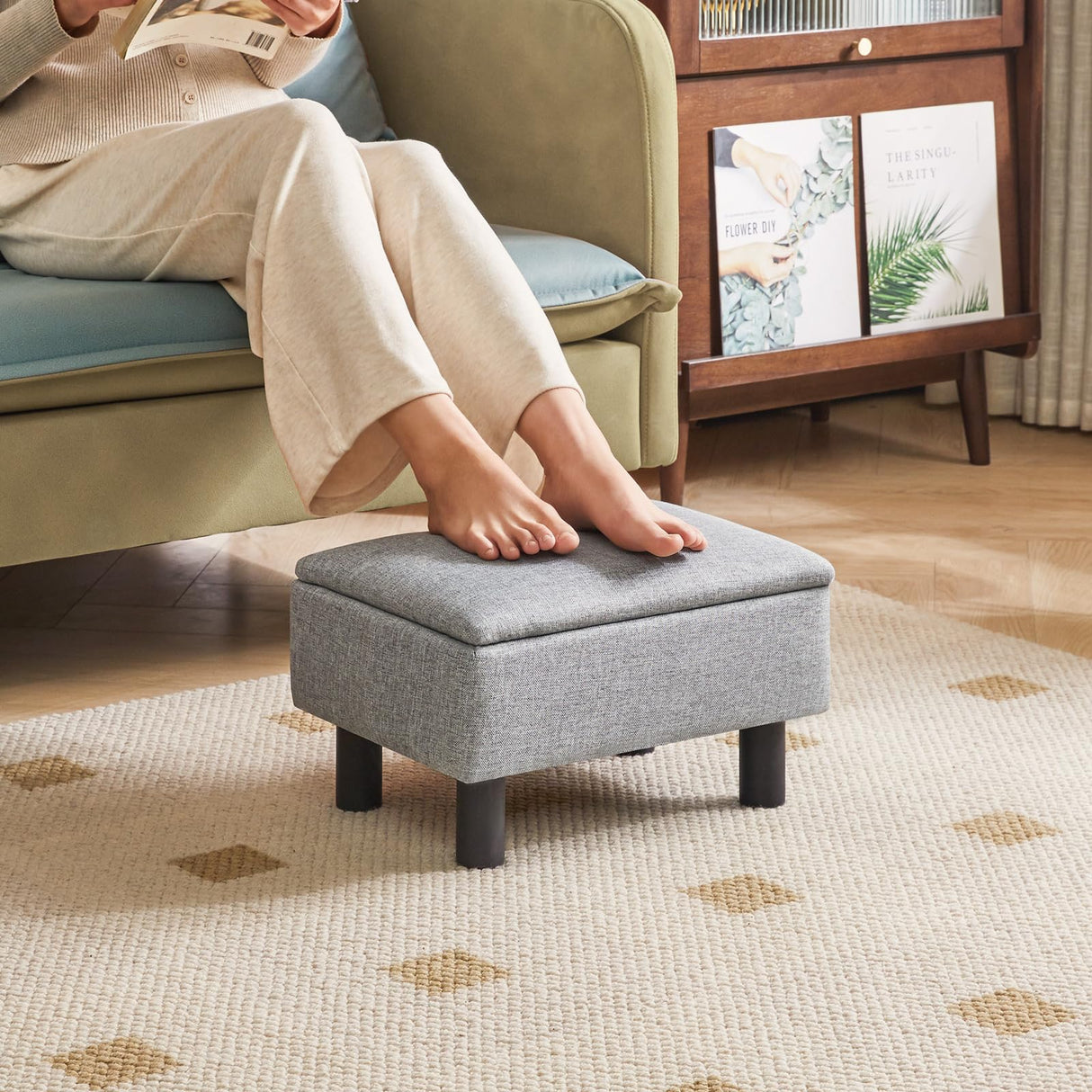 IBUYKE Storage Ottoman Footrest Stool with Linen Fabric, Rectangular, Flip Top Lid, Non-Slip Feet, Compact Design, Stylish and Functional, Gray Blue RF-BD224 IBUYKE