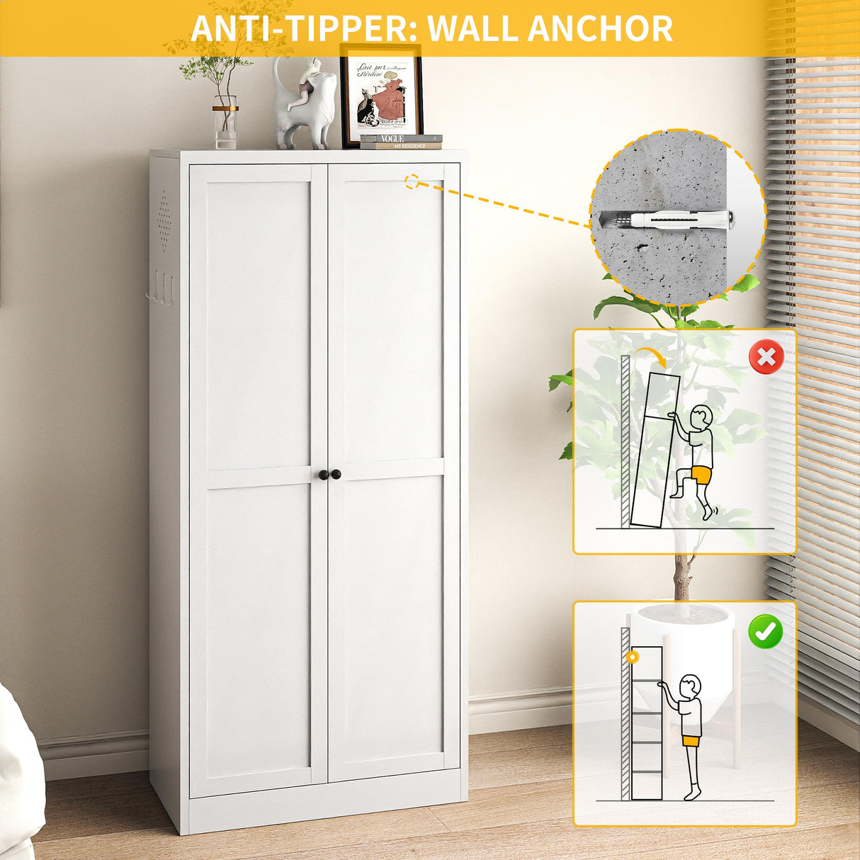 Reegangfa Pantry Cabinet with 2 Doors & 4 Adjustable Shelves & Hooks, 61" Kitchen Storage Cabinets, Utility Metal Storage Cabinet for Home, Living Room, Pantry, Assemble Required (White) Reegangfa