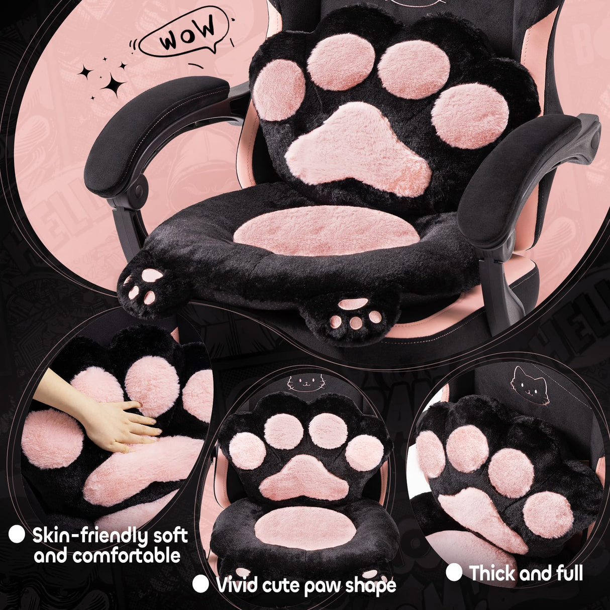 Pink Gaming Chair Cute with Cat Ears Paw Lumbar and Cushion,Ergonomic Computer Chair with Footrest,Reclining PC Game Chair for Girl Computer Chair 300lbs for Adult MEENICE