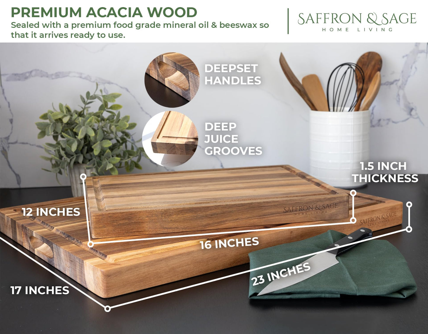 Saffron & Sage Large Wood Cutting Board - Thick 16 x 12 x 1.5 Inch Acacia Wooden Cutting Boards for Kitchen use with Deep Juice Groove, Reversible - WoodArtSupply