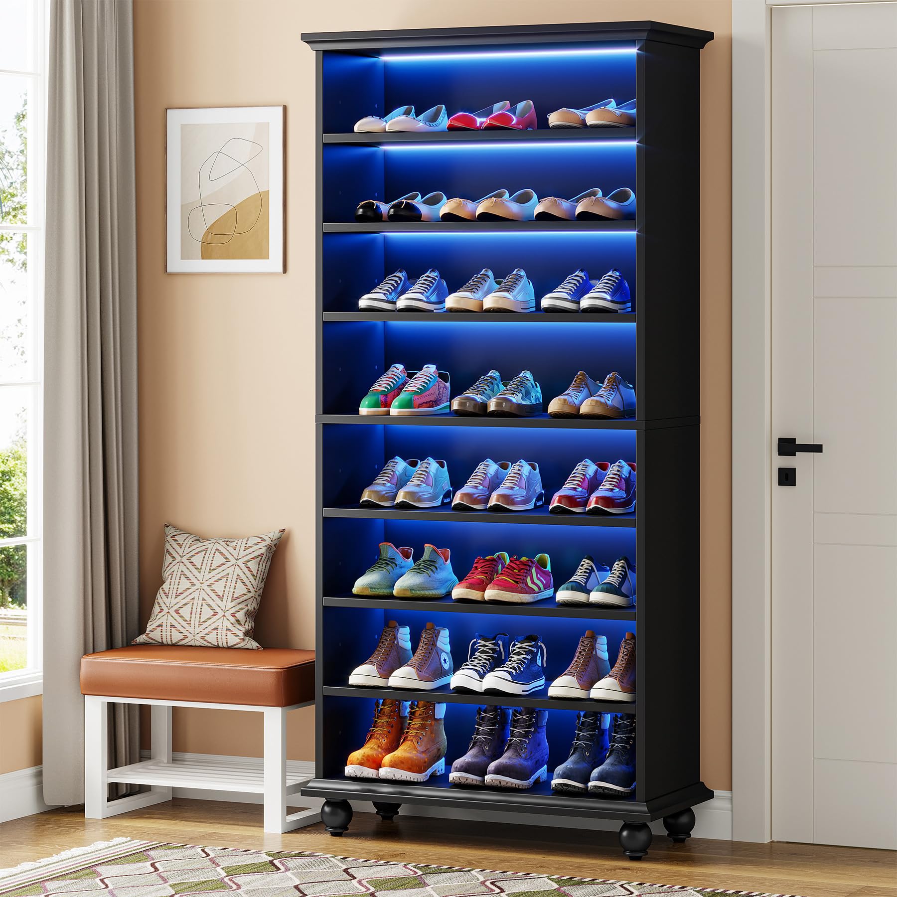 Tribesigns Narrow Tall Shoe Cabinet with LED Lighting, 9-Tier 30 Pairs Freestanding Shoes Storage Cabinet, Wood Shoe Organizer Cabinet with Solid Wooden Legs for Entryway (1, Black) - WoodArtSupply