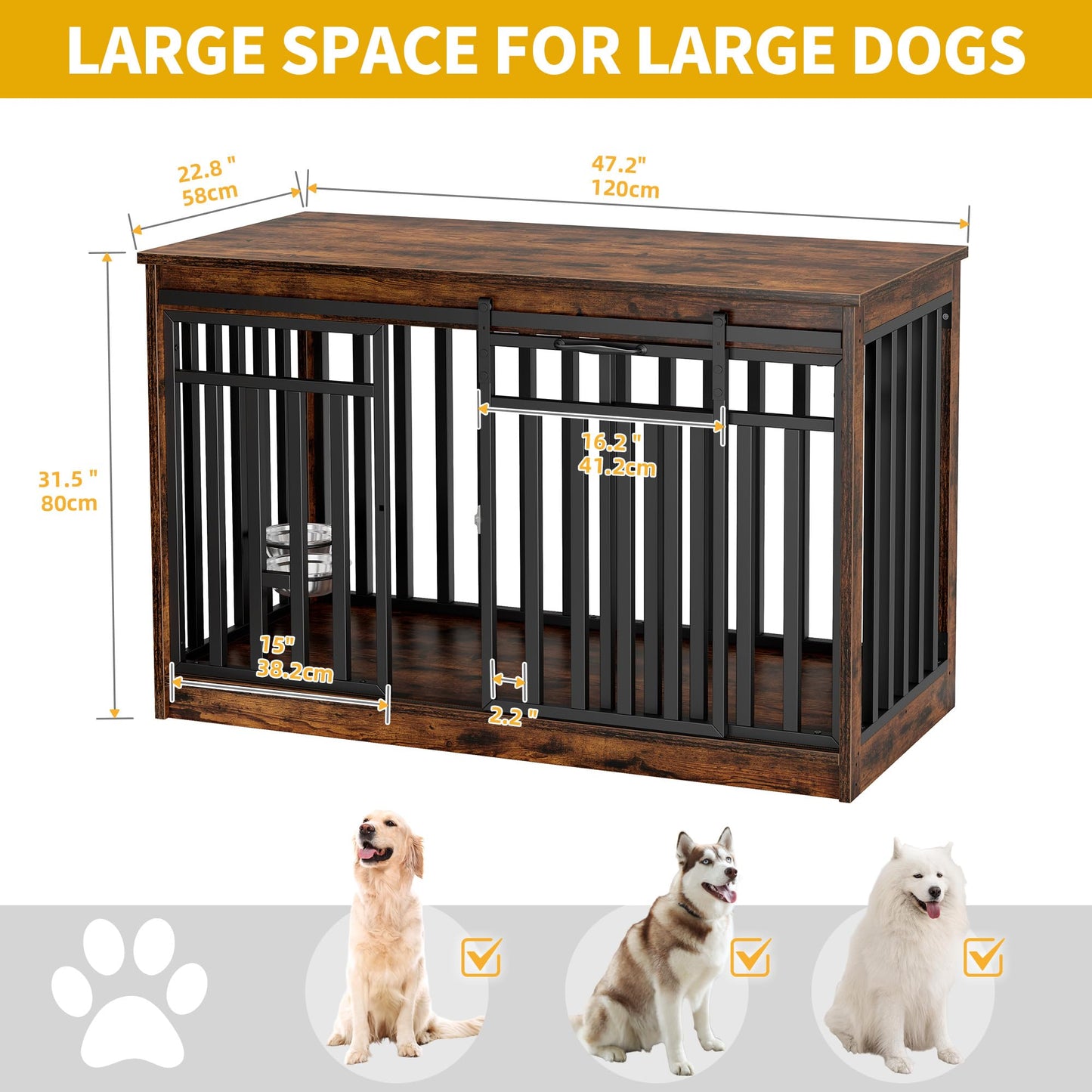 DWVO 47" Large Dog Crate Furniture, Heavy Duty Metal Dog Kennel TV Stand with Sliding Doors, Wooden Dog Cage Table with Dog Bowl for Extra Large Medium Dogs or 2 Small Dogs, Rustic Brown