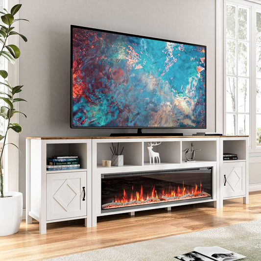 BVIUNTWO Fireplace TV Stand for TVs Up to 110 Inch,Farmhouse Entertainment Center with 60" Electric Fireplace,White TV Console with Storage Cabinets for Living Room,Bedroom