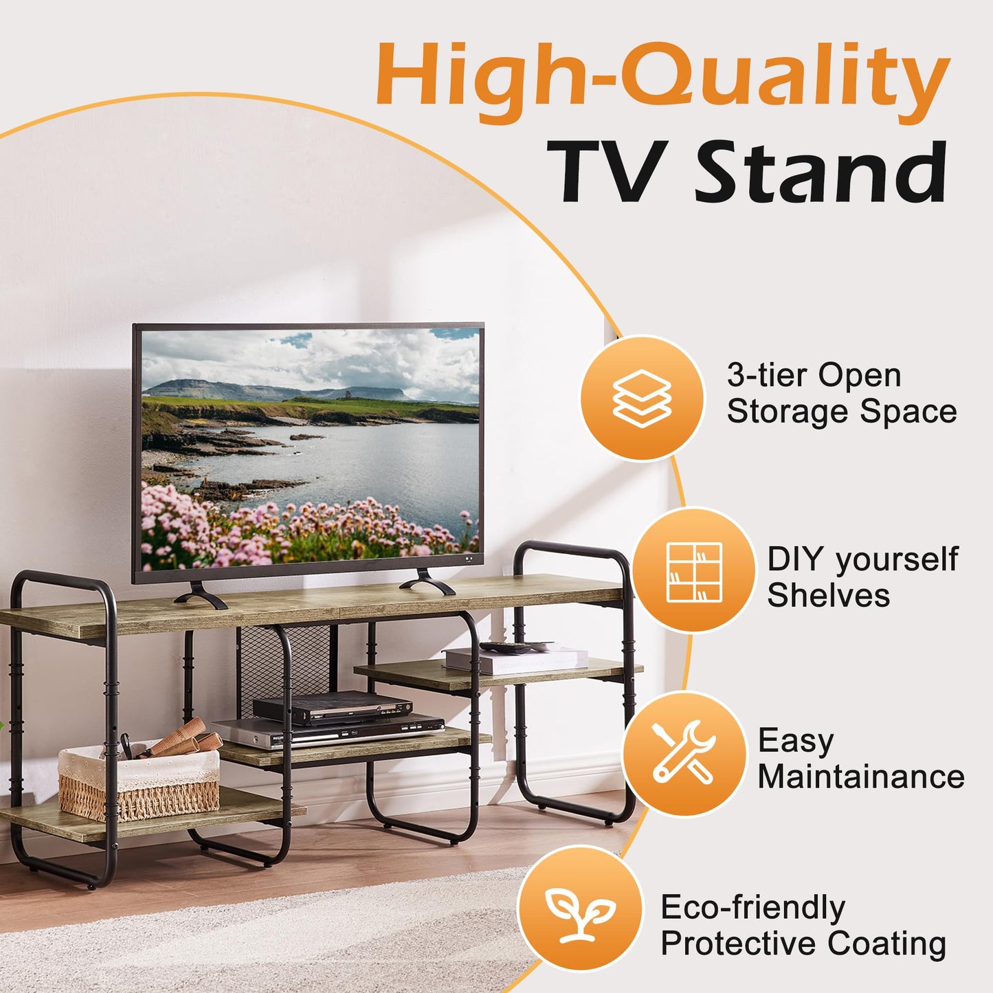 VECELO TV Stands for 75 Inch,Entertainment Center/Media Console Table with Adjustable Storage Shelves for Living Room/Bedroom,Grey