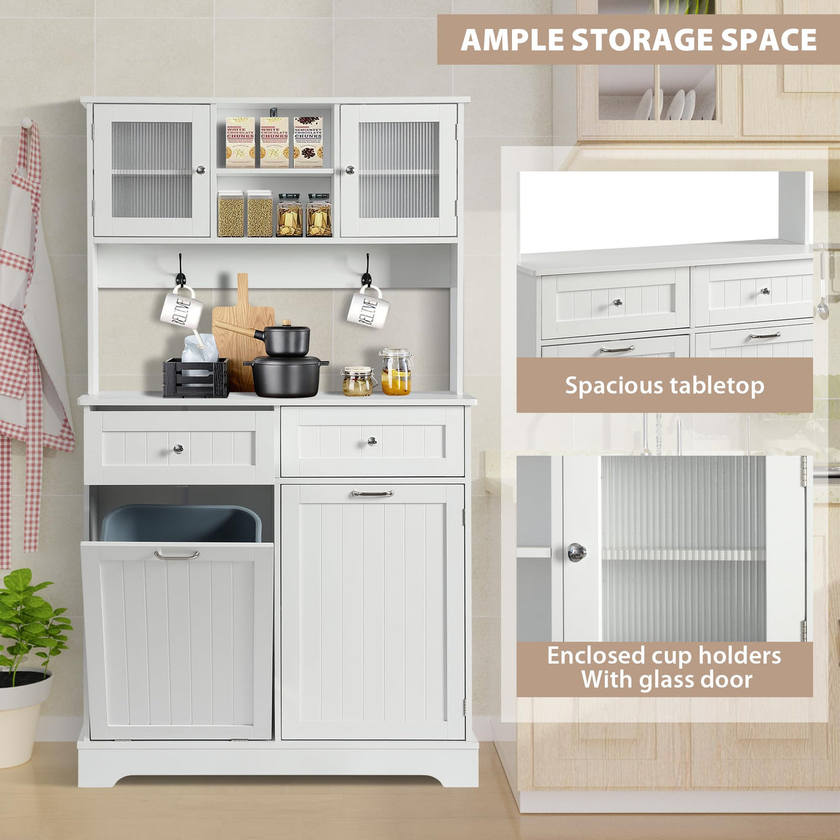 YOCONYO Tilt Out Trash Cabinet,Storage Cabinet,Two Solid Wood Hideaway Trash Holder Drawers,Wooden Freestanding Recycling Cabinets,Trash Can for Kitchen,White YOCONYO