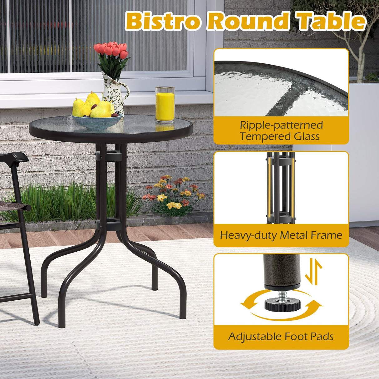 Goplus Bistro Table and Chairs Set of 2, Outdoor 3 Piece Patio Bistro Set with 1.57” Umbrella Hole, Tempered Glass Tabletop, 2 Folding Chairs, Small Patio Furniture Dining Set for Garden, Balcony Goplus