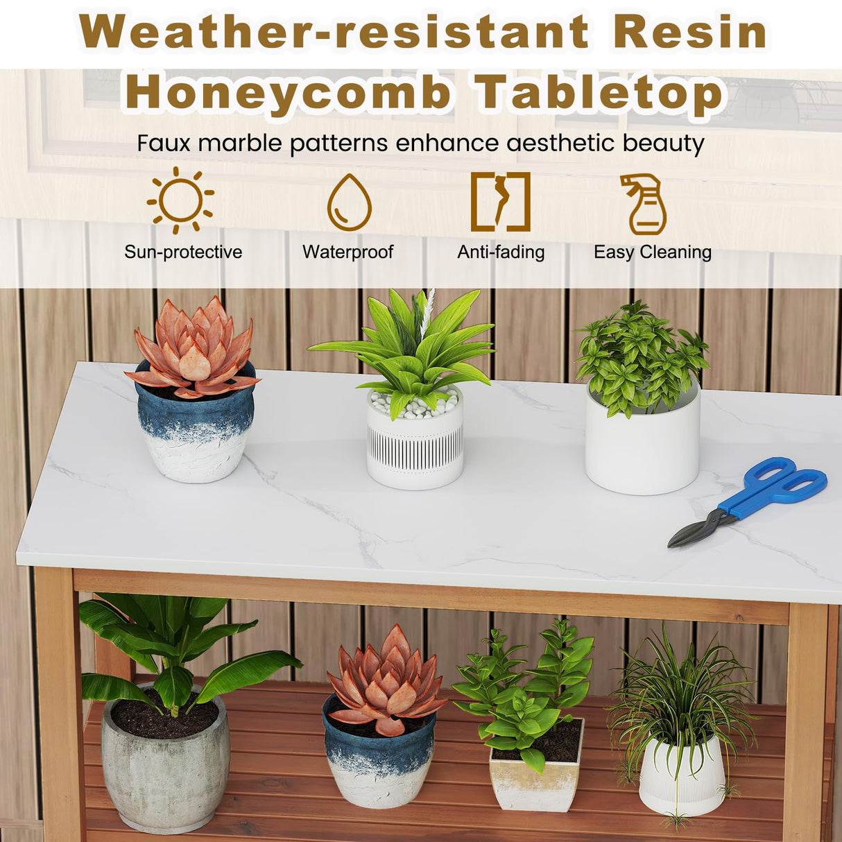 Giantex Outdoor Potting Bench, Acacia Wood Planting Workstation with 2-Door Storage Cabinet, Faux Marble Tabletop, Open Storage Shelves, Garden Potting Table for Horticulture Giantex