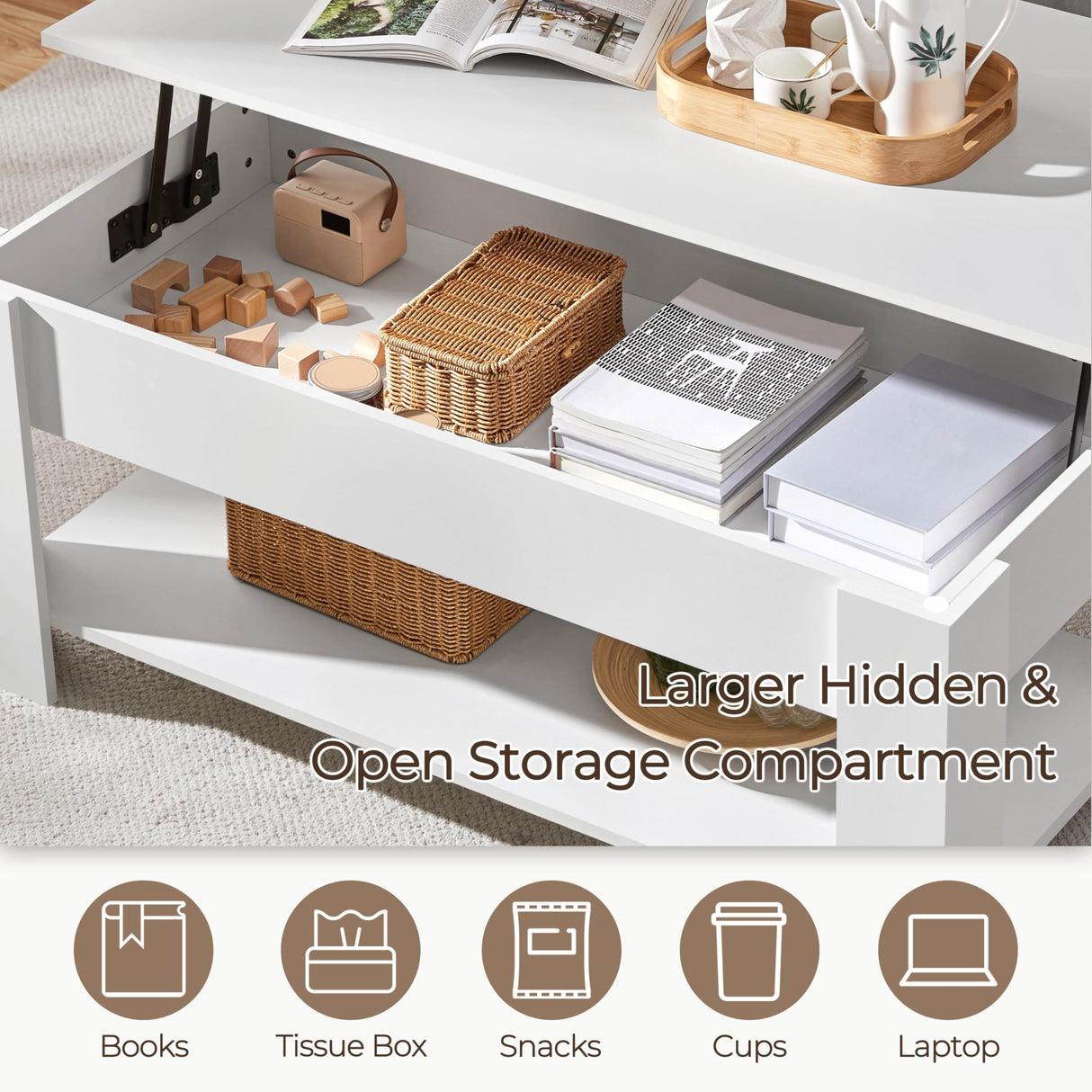 Yaheetech Lift Top Coffee Table with Hidden Compartment and Storage Shelf, Rising Tabletop Dining Table for Living Room Reception Room, 47.5in L, White Yaheetech