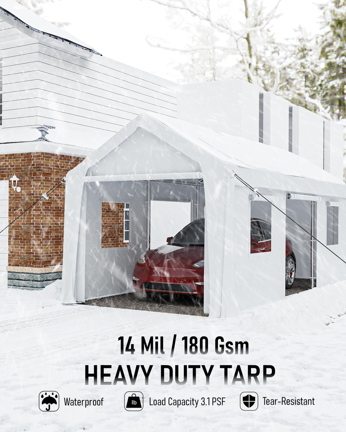 KYBOLT 10 x 20 Ft Heavy-Duty Carport, Portable Garage, 180g PE Waterproof Canopy and 8 x 1.0 mm Poles for Full-Size Pickup Trucks, Boats, and SUVs - White KYBOLT
