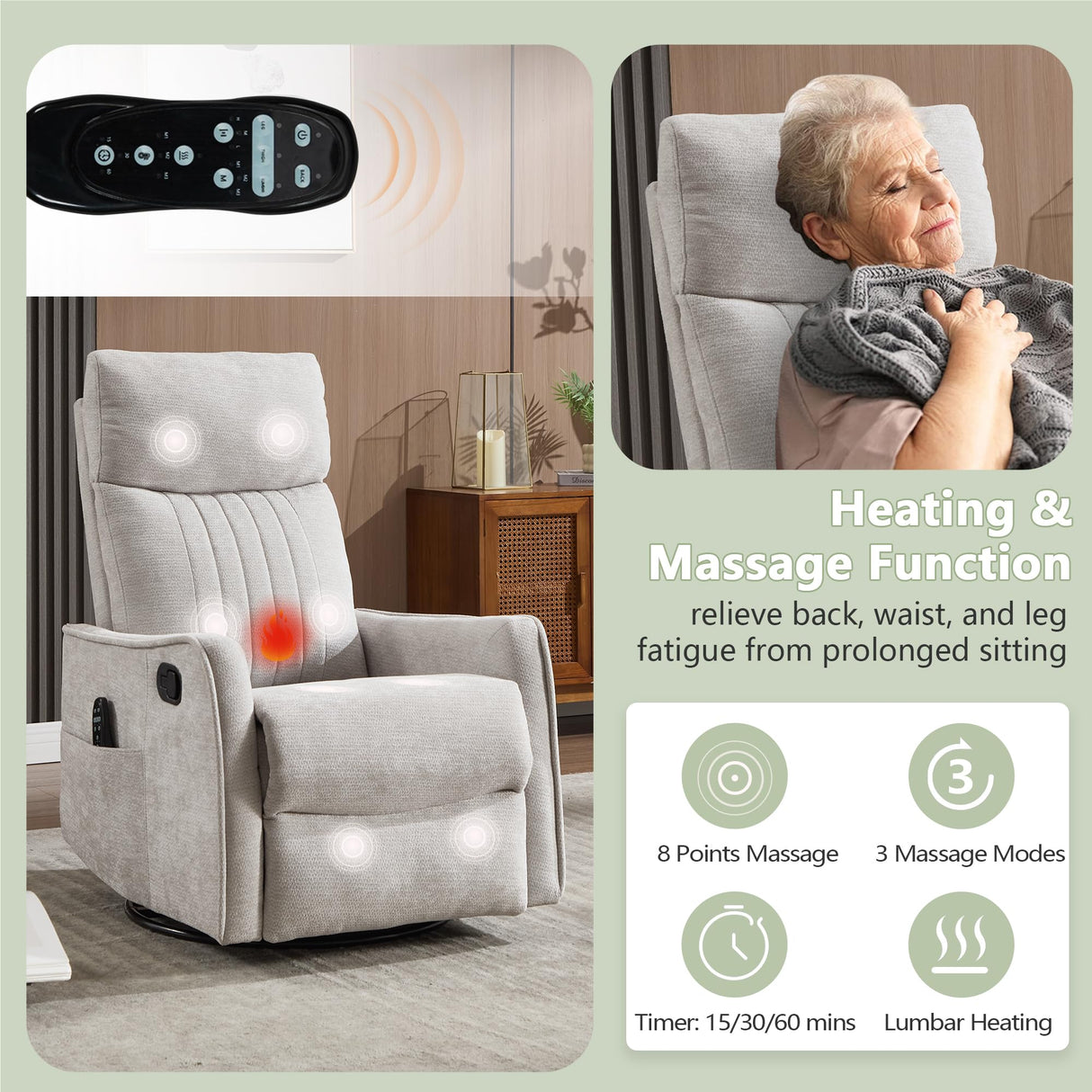 cinkehome Heated Massage Swivel Rocker Recliner Chair Nursery - Small Space Reclining Chair with Lumbar Support, 360° Swivel & Gentle Rocking, Ergonomic High Back Chenille Fabric Beige cinkehome