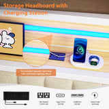 Daybed with Trundle and LED Light, Heavy Duty Metal Full Bed Frame with Upholstered Storage Headboard & Charging Station, Day Bed Pop Up Trundle Bed for Living Room,Bedroom and Guest Room, White Jocoevol