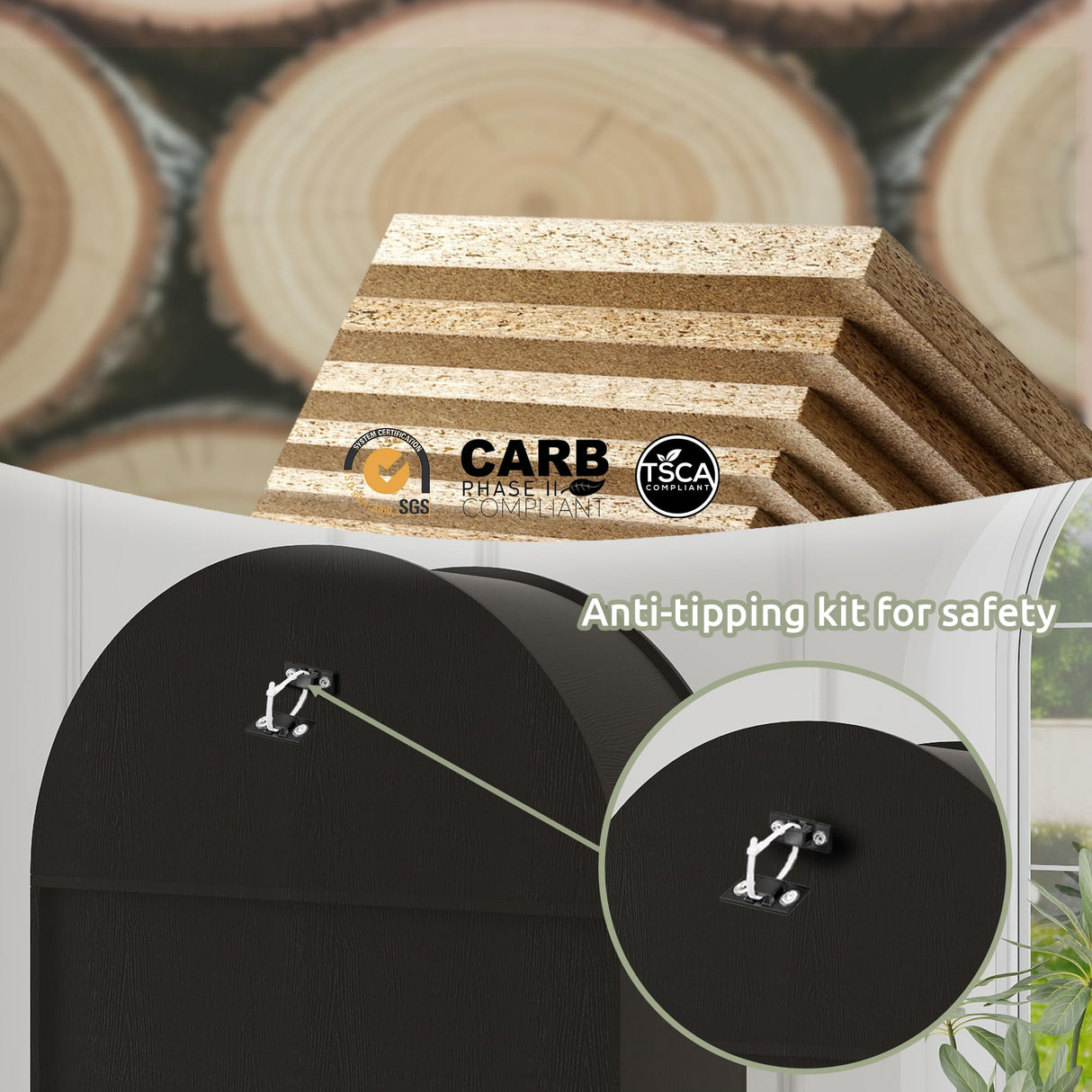 Arched Cabinet Bookshelf Black Arch Bookcase with Doors, Wooden Curved Book Case 5-Tier Tall Round Top Bookshelves for Living Room blini