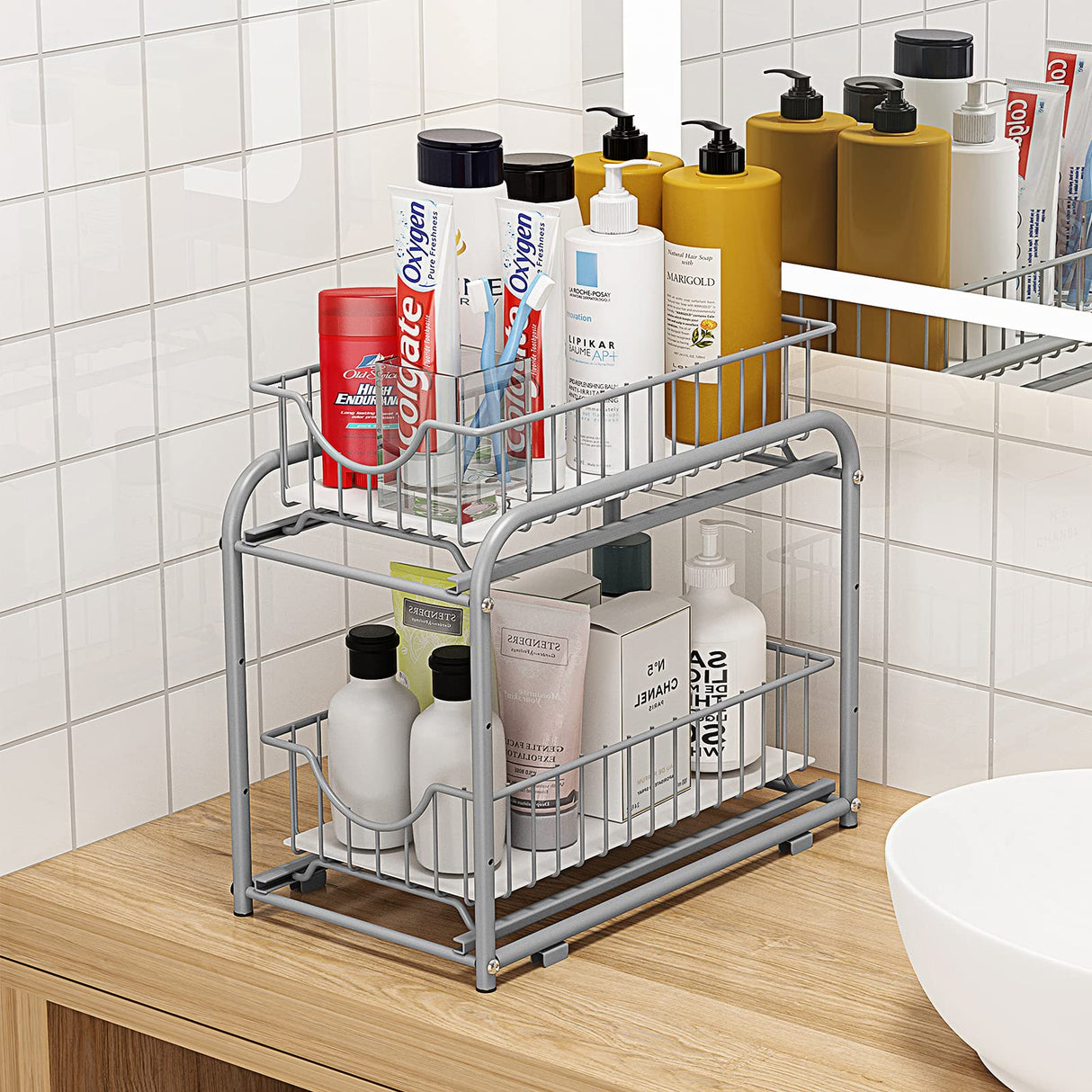 AIYAKA under sink storage 2 Tier Stackable Sliding Basket Organizer Drawer For Kitchen And Bathroom/Cabinet Drawers,silver AIYAKA