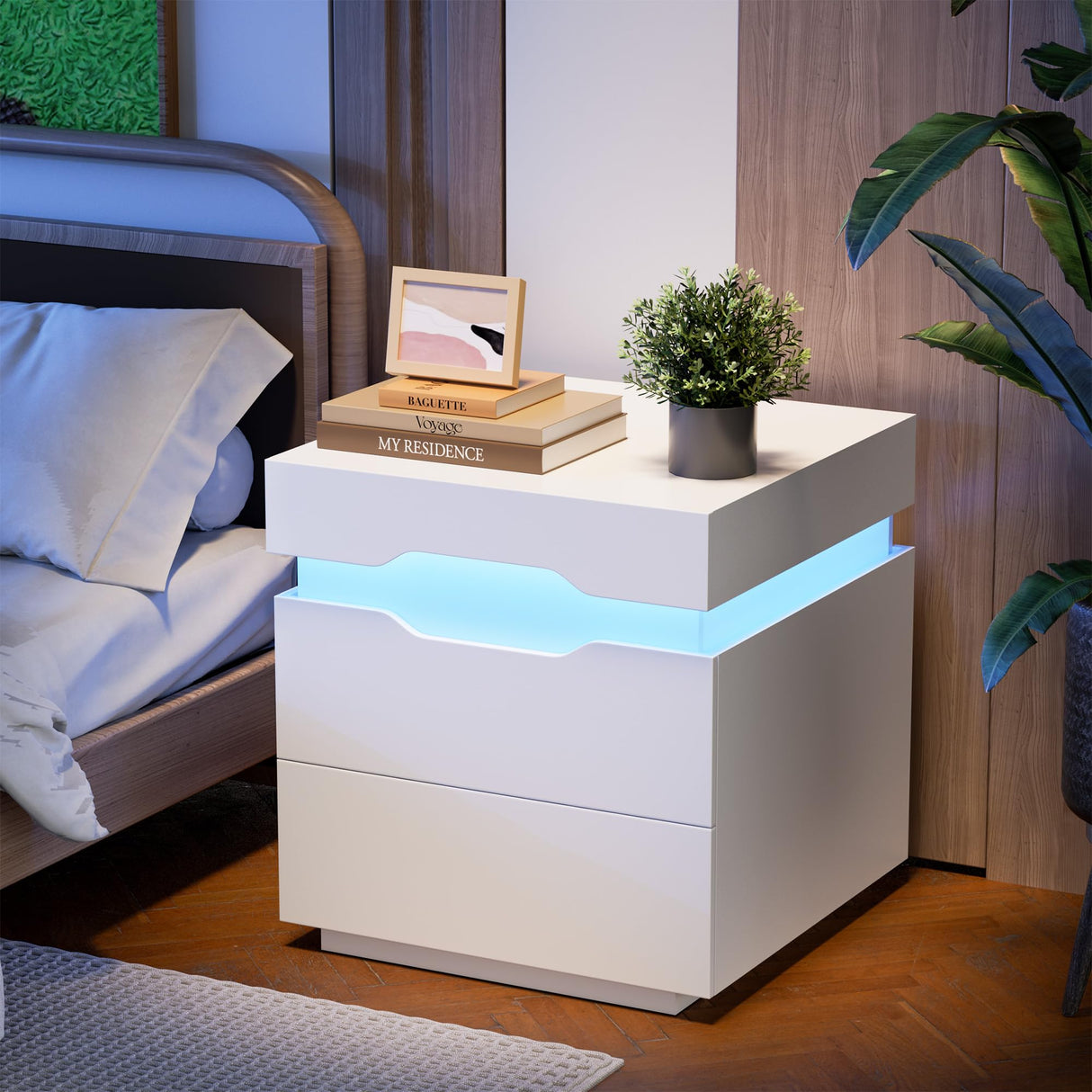 Furniwell LED Nightstand with Charging Station, End Table with Drawers, Night Stand Bedside Table with Sliding Top for Bedroom and Living Room, White Furniwell
