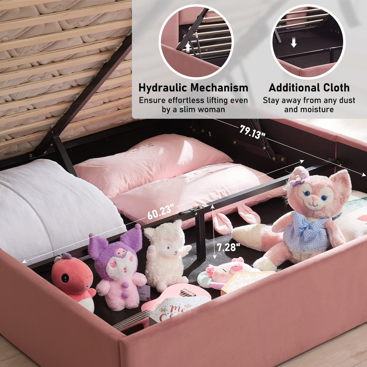 Zanmintaobo Lift Up Storage Bed Queen Size, Upholstered Platform Bed with Hydraulic Storage System & Wood Slats Support, Queen Bed Frame with Headboard, No Box Spring Needed, Easy Assembly, Pink Zanmintaobo