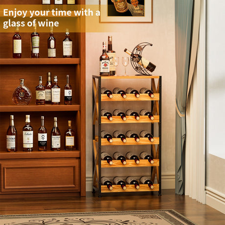 LUMAMU 20 Bottle Wine Rack Freestanding Floor with Wood Top,Wobble-Free 5 Tier Wine Display Storage Stand Shelf,Stackable Modular Wine Bottle Holder Rack for Kitchen,Cellar,Living Room LUMAMU