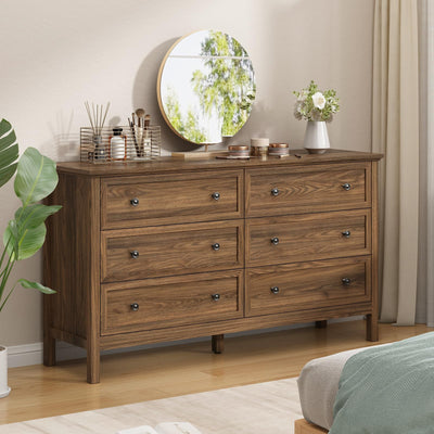 CARPETNAL 55" Walnut Dresser for Bedroom, 6 Drawer Dresser with Wide Drawer and Metal Handles, Wood Dressers & Chests of Drawers for Hallway, Entryway.