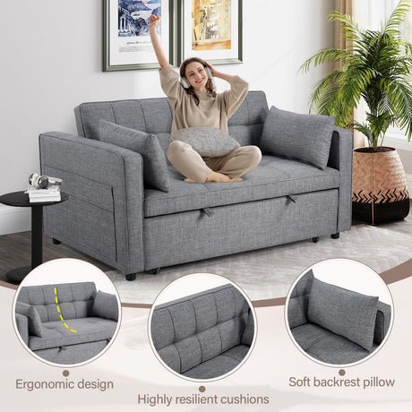 HAOMARKETS 3 in 1 Convertible Sleeper Sofa Bed, Loveseat Chaise Lounge with Pullout Bed, 2-Seater Futon Couches with Storage Pockets, 3-Level Adjustable Backrest and Pillows for Living Room，Grey HAOMARKETS