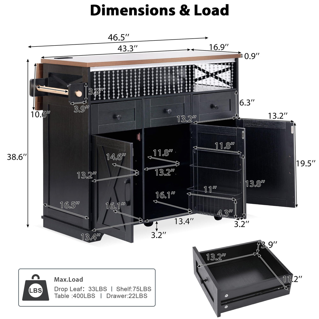 XD Designs 46.5'' Farmhouse Kitchen Island with Power Outlet and Drop Leaf, Wood Rolling Kitchen Cart on Wheels with 3 Doors, 3 Drawers, Drape of Beads and Internal Iron Shelf (Black-3.19) XD Designs