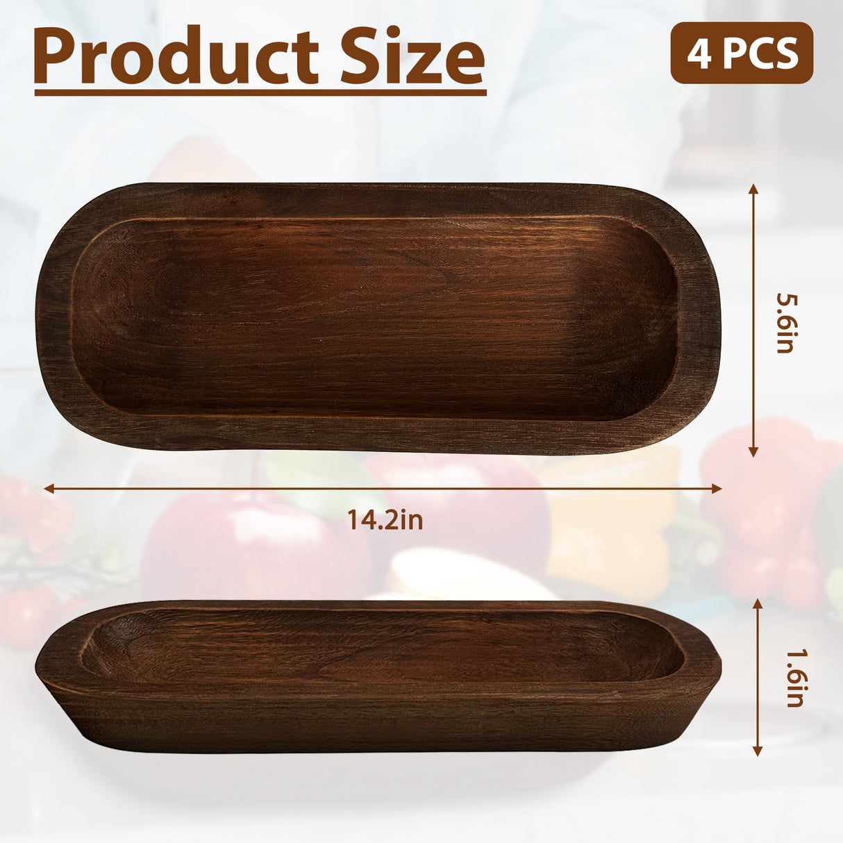 Royxen 4 Pack Wood Dough Bowl for Candle, Wooden Dough Bowls Paulownia, Rustic Bowl Vintage, Bowls for Candle, 14.5 x 5.5 Inch, Brown Royxen