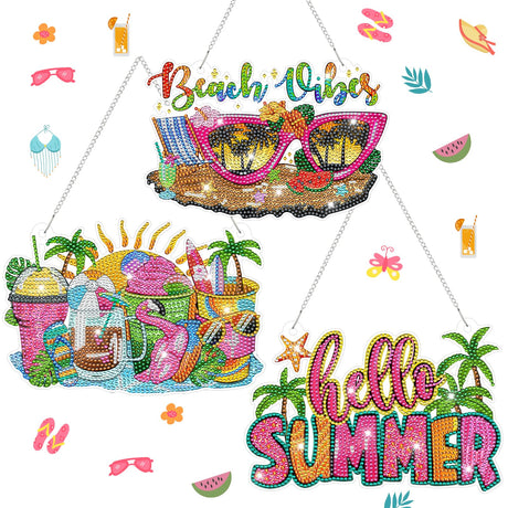 Burbell 3 Pcs Diamond Summer Beach Painting Kits Sunglasses Smoothie Diamond Art Hanging Ornament Sign DIY Painting Art Kits for Summer Adult Window Door Wall Decorations Burbell