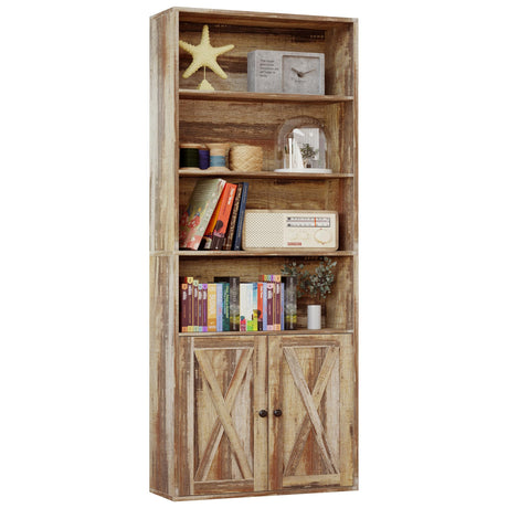 Industrial Brown 6-Tier Bookshelf with Doors – IRONCK Floor Standing Storage for Home Office and Living Room IRONCK